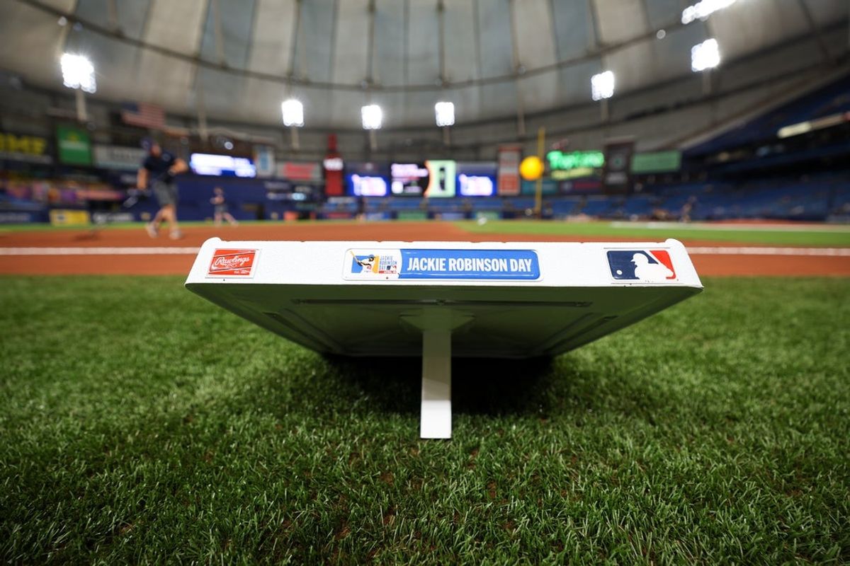 Apr 15, 2024; St. Petersburg, Florida, USA;  a base displays the Jackie Robinson day logo before the start of a game between the Los Angeles Angels and Tampa Bay Rays at Tropicana Field. Mandatory Credit: Nathan Ray Seebeck-Imagn Images