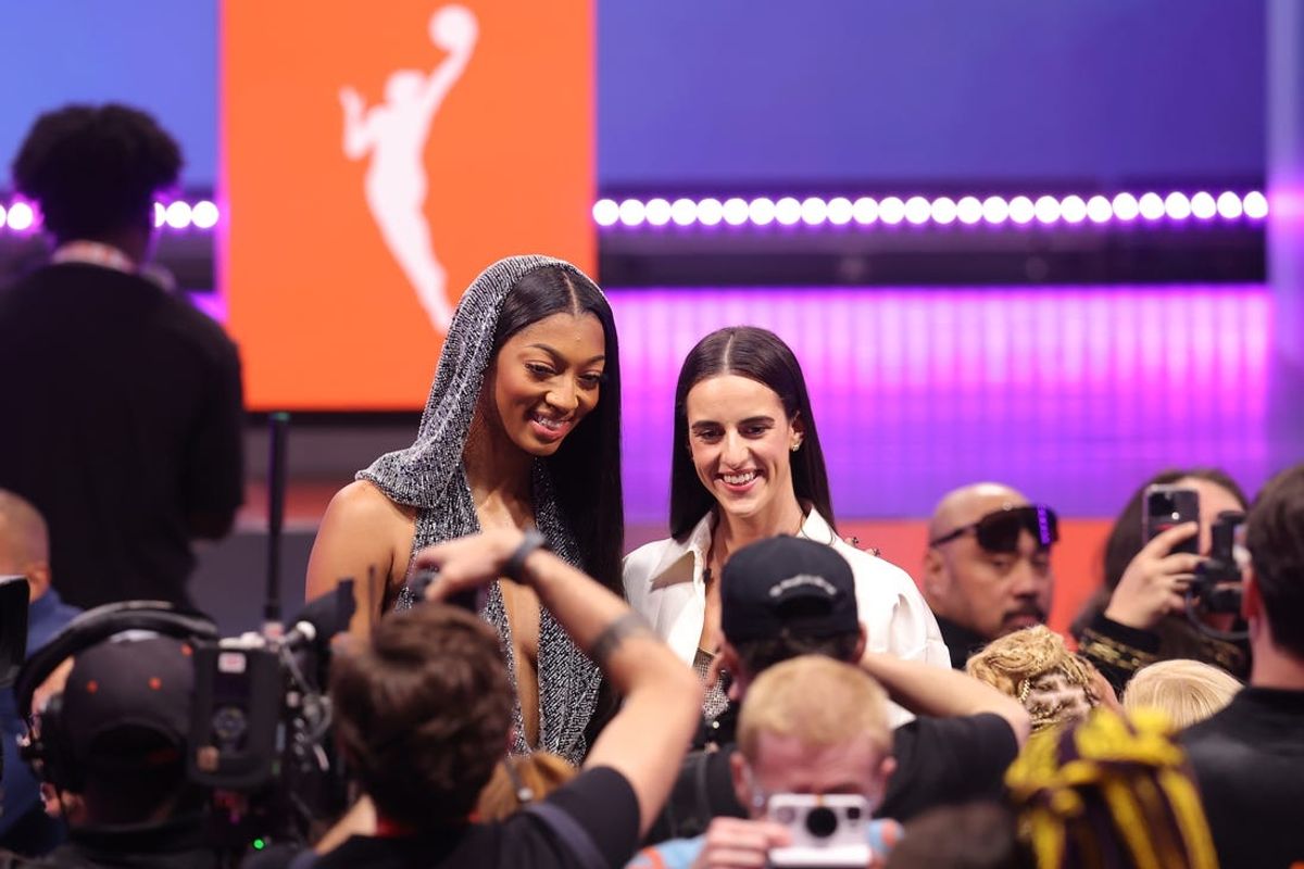 Apr 15, 2024; Brooklyn, NY, USA; Angel Reese and Caitlin Clark pose for photos before the 2024 WNBA Draft at Brooklyn Academy of Music. Mandatory Credit: Brad Penner-USA TODAY Sports