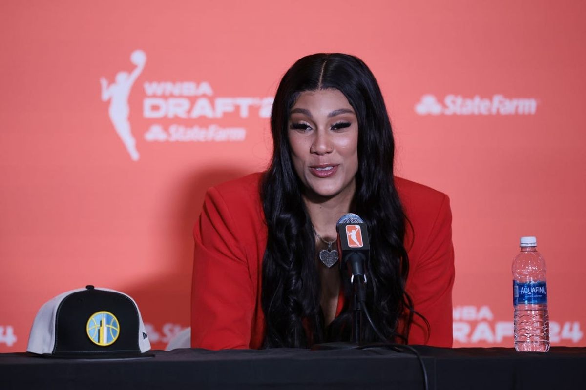 Apr 15, 2024; Brooklyn, NY, USA; Kamilla Cardoso speaks in a press conference after she is selected with the number three overall pick to the Chicago Sky n the 2024 WNBA Draft at Brooklyn Academy of Music. Mandatory Credit: Vincent Carchietta-USA TODAY Sports