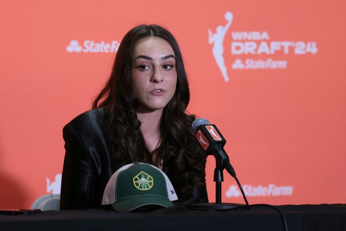 Apr 15, 2024; Brooklyn, NY, USA; Nika Muhl speaks in an interview after she is selected with the number fourteen overall pick to the Seattle Storm in the 2024 WNBA Draft at Brooklyn Academy of Music.  Mandatory Credit: Vincent Carchietta-Imagn Images
