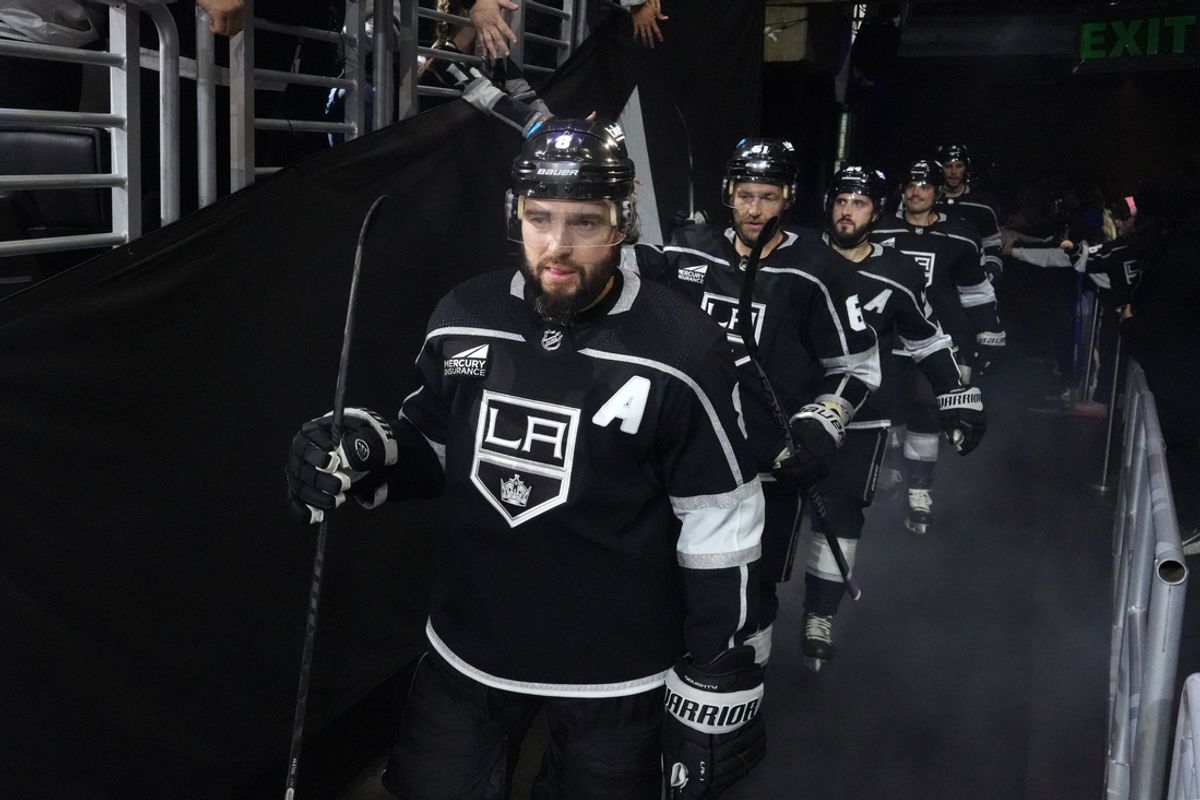 Apr 15, 2024; Los Angeles, California, USA; LA Kings defenseman Drew Doughty (8) enters the ice against the Minnesota Wild at Crypto.com Arena. Mandatory Credit: Kirby Lee-Imagn Images