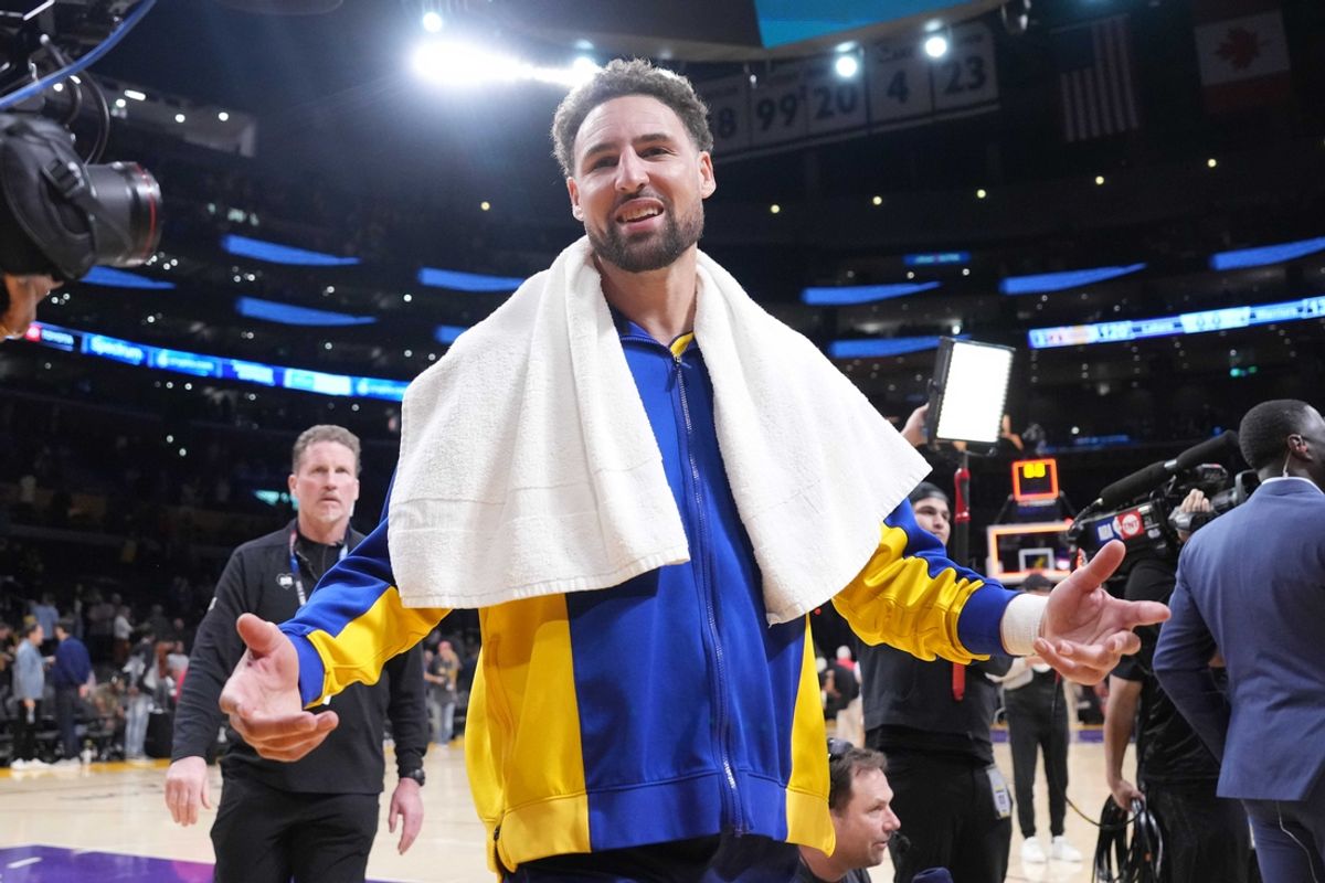 Apr 9, 2024; Los Angeles, California, USA; Golden State Warriors guard Klay Thompson (11) reacts after the game against the Los Angeles Lakers at Crypto.com Arena. Mandatory Credit: Kirby Lee-USA TODAY Sports