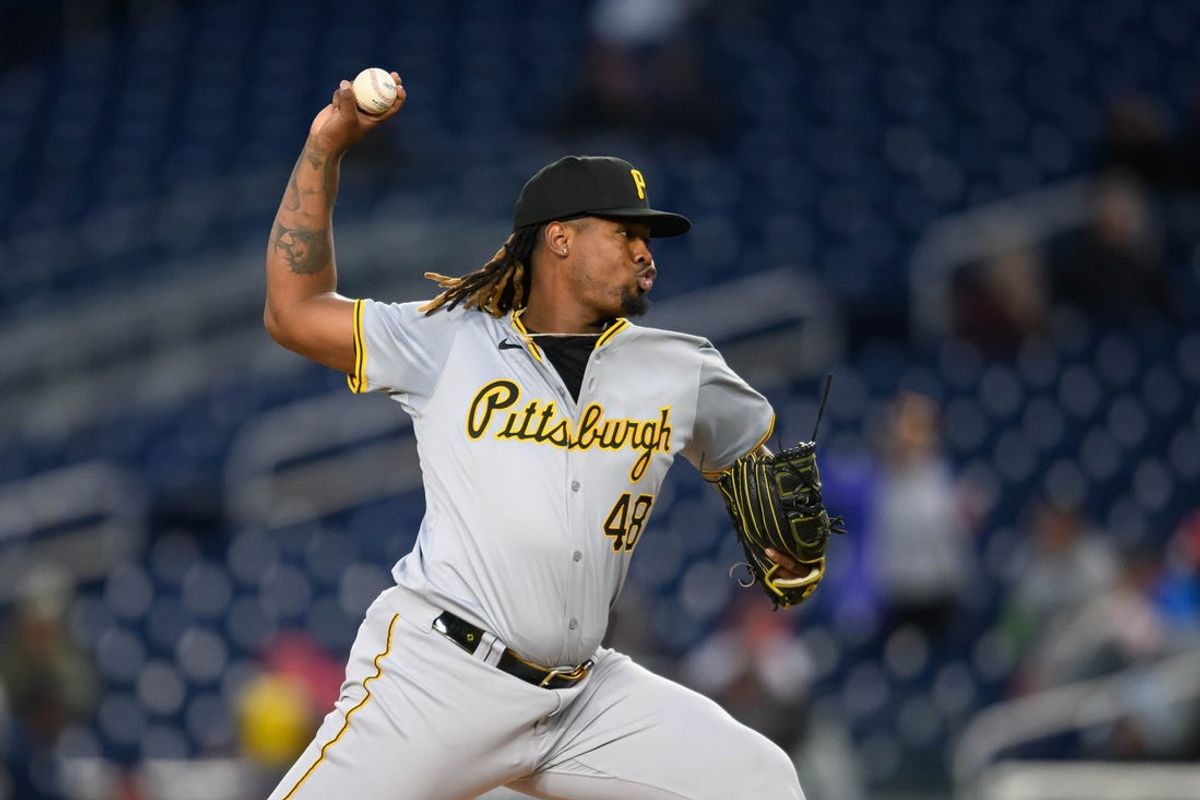 Apr 4, 2024; Washington, District of Columbia, USA; Pittsburgh Pirates starting pitcher Luis Ortiz (48) throws a pitch during the eighth inning against the Washington Nationals at Nationals Park. Mandatory Credit: Reggie Hildred-USA TODAY Sports