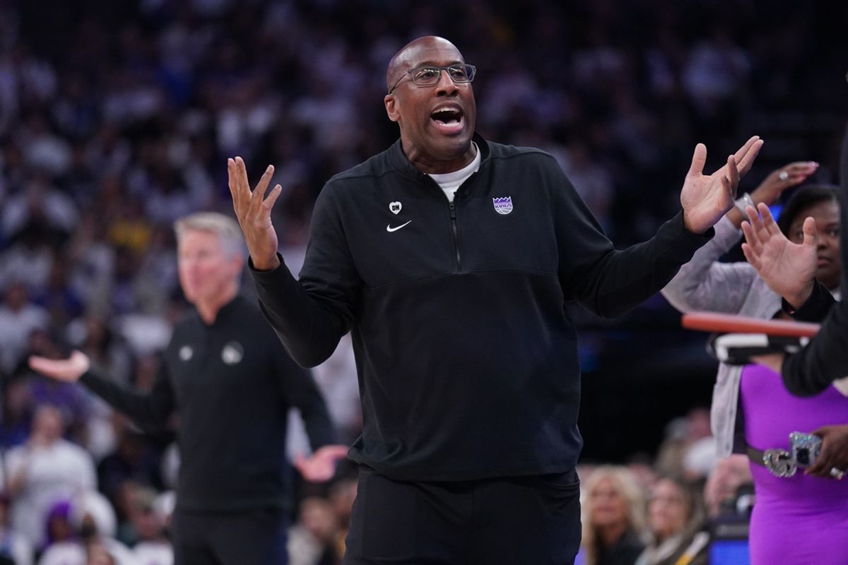 Apr 16, 2024; Sacramento, California, USA; Sacramento Kings head coach Mike Brown reacts after the Kings were called for a foul against the Golden State Warriors in the second quarter during a play-in game of the 2024 NBA playoffs at the Golden 1 Center. Mandatory Credit: Cary Edmondson-USA TODAY Sports