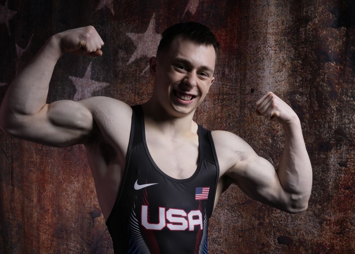Apr 16, 2024; New York, New York, USA;  U.S. Olympic athlete Hampton Morris poses for a photo at the USOC Media Summit in preparation for the Paris 2024 Olympic Summer Games at Mariott Marquis. Mandatory Credit: Robert Deutsch-USA TODAY Sports