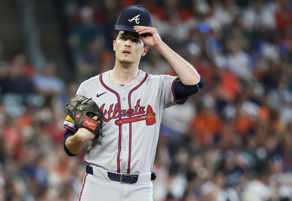 Apr 17, 2024; Houston, Texas, USA;Atlanta Braves pitcher Max Fried (54) reacts to Houston Astros left fielder Yordan Alvarez (44) home run in the first inning at Minute Maid Park. Mandatory Credit: Thomas Shea-Imagn Images