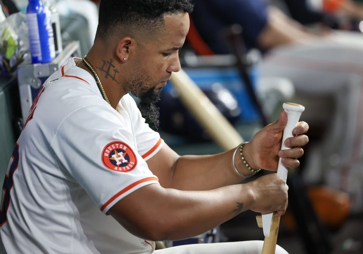 Apr 17, 2024; Houston, Texas, USA; Houston Astros first baseman Jose Abreu (79) works on his bat in the dugout while the Astros bat against the Atlanta Braves in the fifth inning at Minute Maid Park. Mandatory Credit: Thomas Shea-USA TODAY Sports