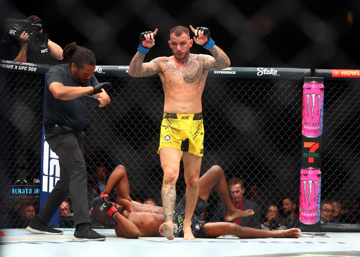 Apr 13, 2024; Las Vegas, Nevada, USA; Renato Moicano celebrates after defeating Jalin Turner during UFC 300 at T-Mobile Arena. Mandatory Credit: Mark J. Rebilas-Imagn Images