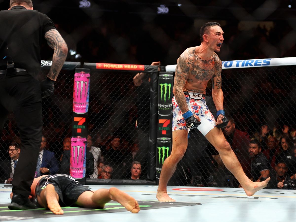 Apr 13, 2024; Las Vegas, Nevada, USA; Max Holloway celebrates after knocking out Justin Gaethje during UFC 300 at T-Mobile Arena. Mandatory Credit: Mark J. Rebilas-USA TODAY Sports
