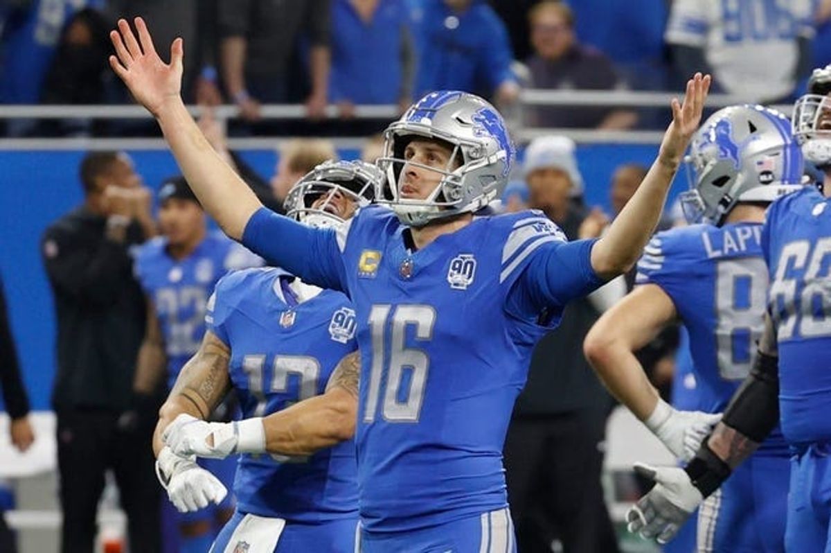 Jared Goff celebrates during the Lions' wild-card playoff win over the Rams.