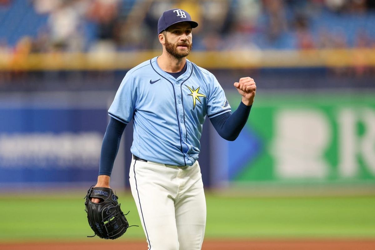Apr 18, 2024; St. Petersburg, Florida, USA;  Tampa Bay Rays pitcher Colin Poche (38) celebrates after beating the Los Angeles Angels at Tropicana Field. Mandatory Credit: Nathan Ray Seebeck-USA TODAY Sports