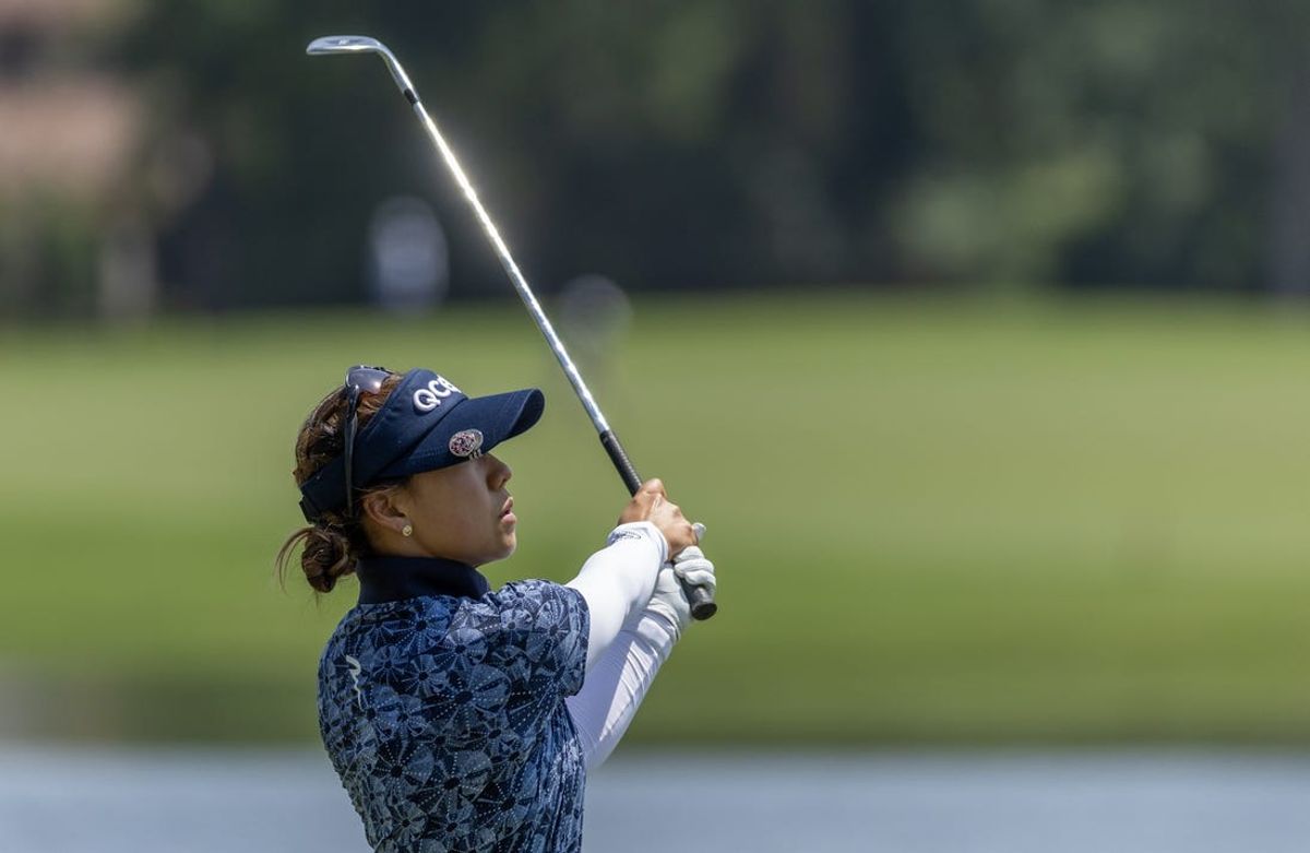 Apr 18, 2024; The Woodlands, Texas, USA; Jenny Shin (KOR) hits her fairway shot on the 18th hole during the first round of The Chevron Championship golf tournament. Mandatory Credit: Thomas Shea-USA TODAY Sports