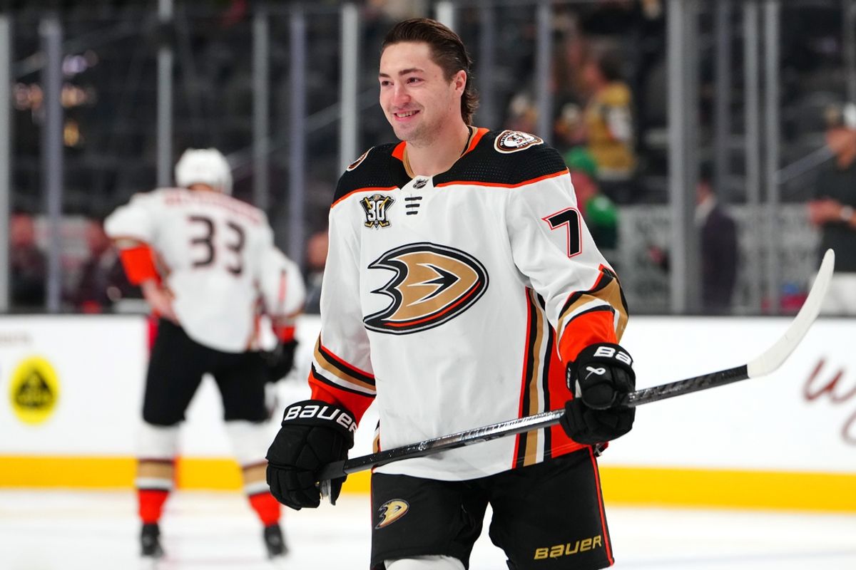 Apr 18, 2024; Las Vegas, Nevada, USA; Anaheim Ducks right wing Frank Vatrano (77) warms up before the start of a game against the Vegas Golden Knights at T-Mobile Arena. Mandatory Credit: Stephen R. Sylvanie-Imagn Images