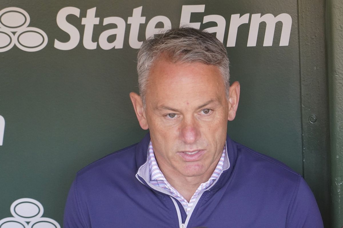 Apr 19, 2024; Chicago, Illinois, USA; Jed HoyerPresident of the Chicago Cubs talks to the media before a game between the Chicago Cubs and the Miami Marlins at Wrigley Field. Mandatory Credit: David Banks-USA TODAY Sports