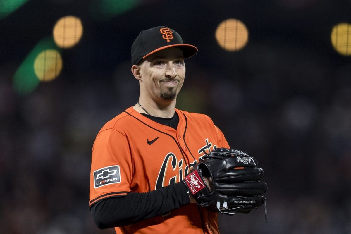 Apr 19, 2024; San Francisco, California, USA;  San Francisco Giants pitcher Blake Snell (7) reacts after walking an Arizona Diamondbacks batter during the fourth inning at Oracle Park. Mandatory Credit: John Hefti-USA TODAY Sports