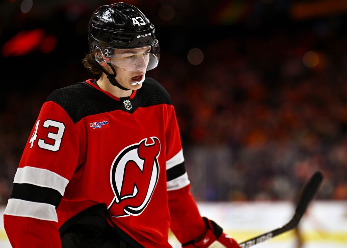 Apr 13, 2024; Philadelphia, Pennsylvania, USA; New Jersey Devils defenseman Luke Hughes (43) looks on against the Philadelphia Flyers in the first period at Wells Fargo Center. Mandatory Credit: Kyle Ross-Imagn Images