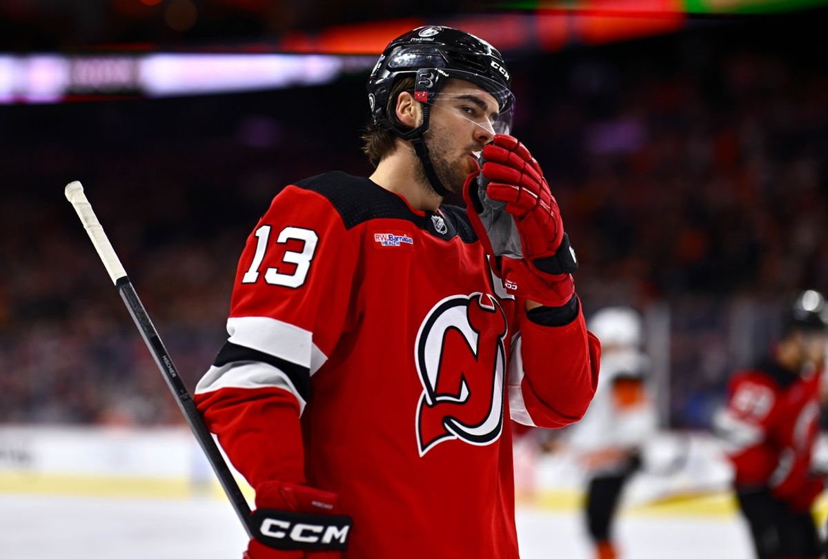 Apr 13, 2024; Philadelphia, Pennsylvania, USA; New Jersey Devils center Nico Hischier (13) looks on against the Philadelphia Flyers in the first period at Wells Fargo Center. Mandatory Credit: Kyle Ross-Imagn Images