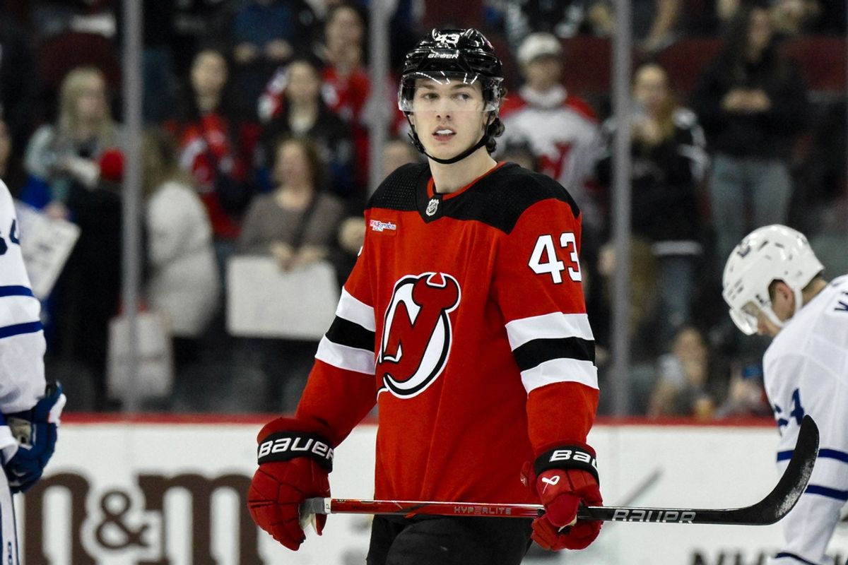 Apr 9, 2024; Newark, New Jersey, USA; New Jersey Devils defenseman Luke Hughes (43) warms up before a game against the Toronto Maple Leafs at Prudential Center. Mandatory Credit: John Jones-Imagn Images