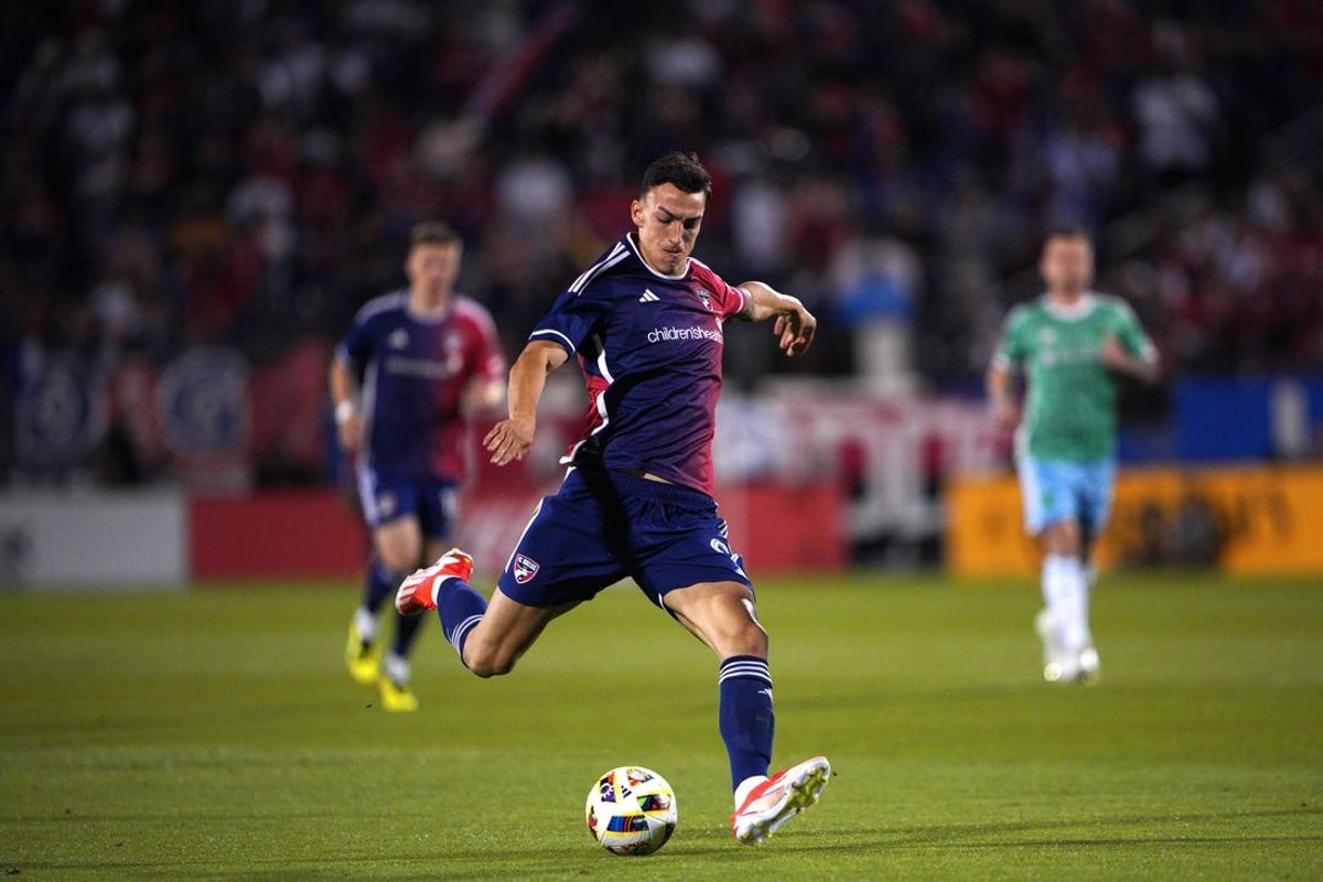 Apr 13, 2024; Frisco, Texas, USA; FC Dallas forward Petar Musa (9) goal kicks against Seattle Sounders at Toyota Stadium. Mandatory Credit: Dustin Safranek-USA TODAY Sports
