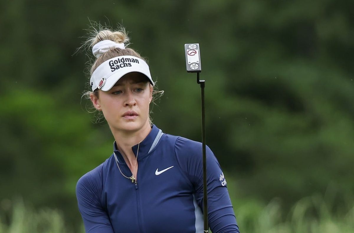 Apr 20, 2024; The Woodlands, Texas, USA; Nelly Korda (USA) reacts to her putt on the second green during the third round of The Chevron Championship golf tournament. Mandatory Credit: Thomas Shea-USA TODAY Sports