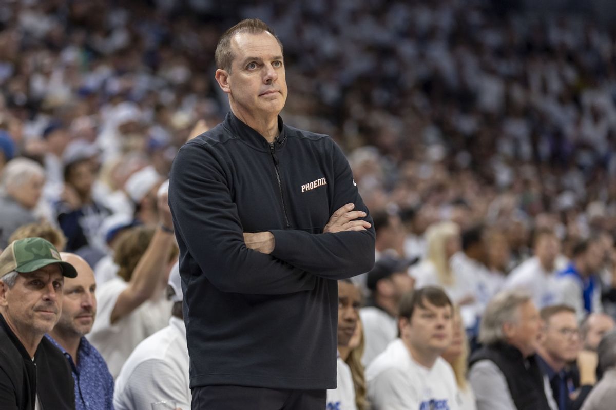 Apr 20, 2024; Minneapolis, Minnesota, USA; Phoenix Suns head coach Frank Vogel looks on against the Minnesota Timberwolves in the first half during game one of the first round for the 2024 NBA playoffs at Target Center. Mandatory Credit: Jesse Johnson-Imagn Images