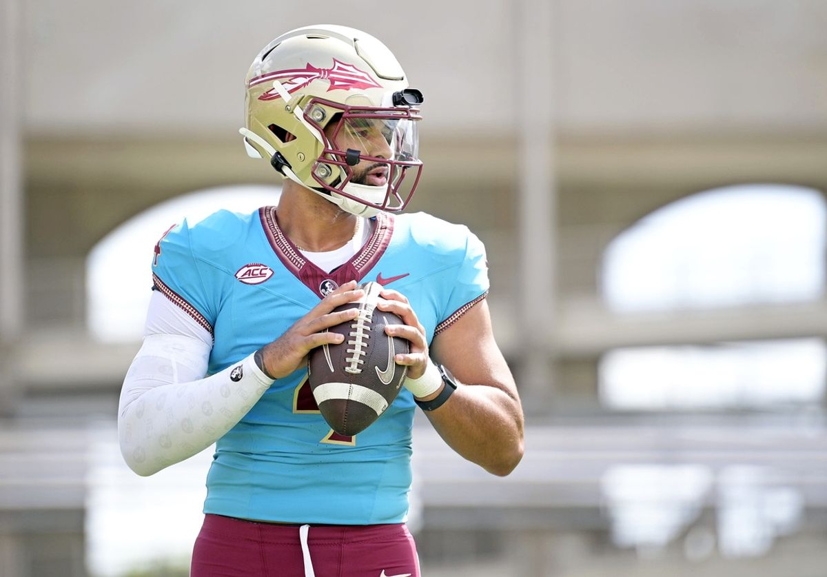 Apr 20, 2024; Tallahassee, Florida, USA; Florida State Seminoles quarterback DJ Uiagalelei (4) during the Spring Showcase at Doak S. Campbell Stadium. Mandatory Credit: Melina Myers-USA TODAY Sports