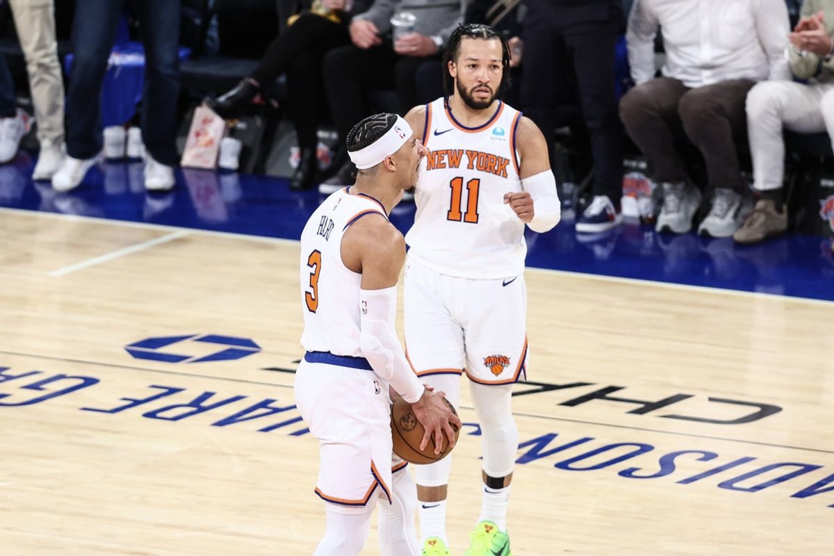 New York, New York, USA; New York Knicks guard Josh Hart (3) celebrates with guard Jalen Brunson (11) in the fourth quarter against the Philadelphia 76ers in game one of the first round for the 2024 NBA playoffs at Madison Square Garden. Mandatory Credit: Wendell Cruz-Imagn Images