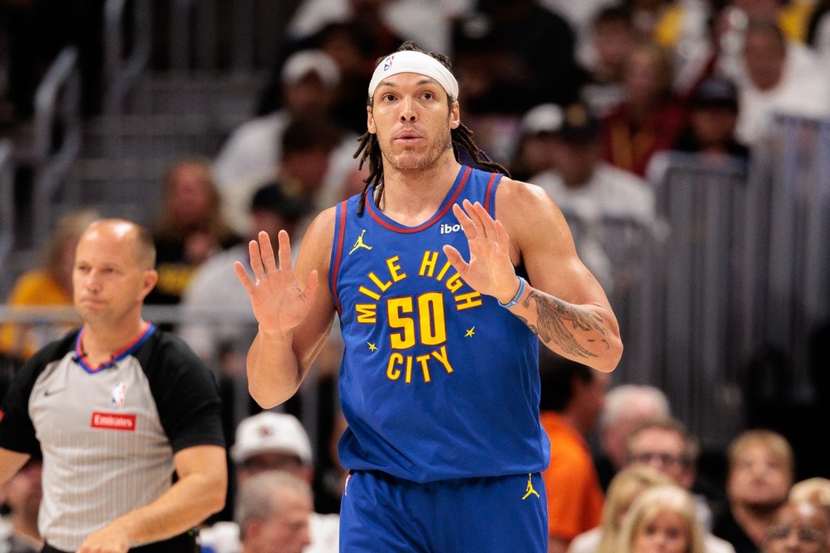Apr 20, 2024; Denver, Colorado, USA; Denver Nuggets forward Aaron Gordon (50) reacts during the first quarter against the Los Angeles Lakers in game one of the first round for the 2024 NBA playoffs at Ball Arena. Mandatory Credit: Andrew Wevers-Imagn Images