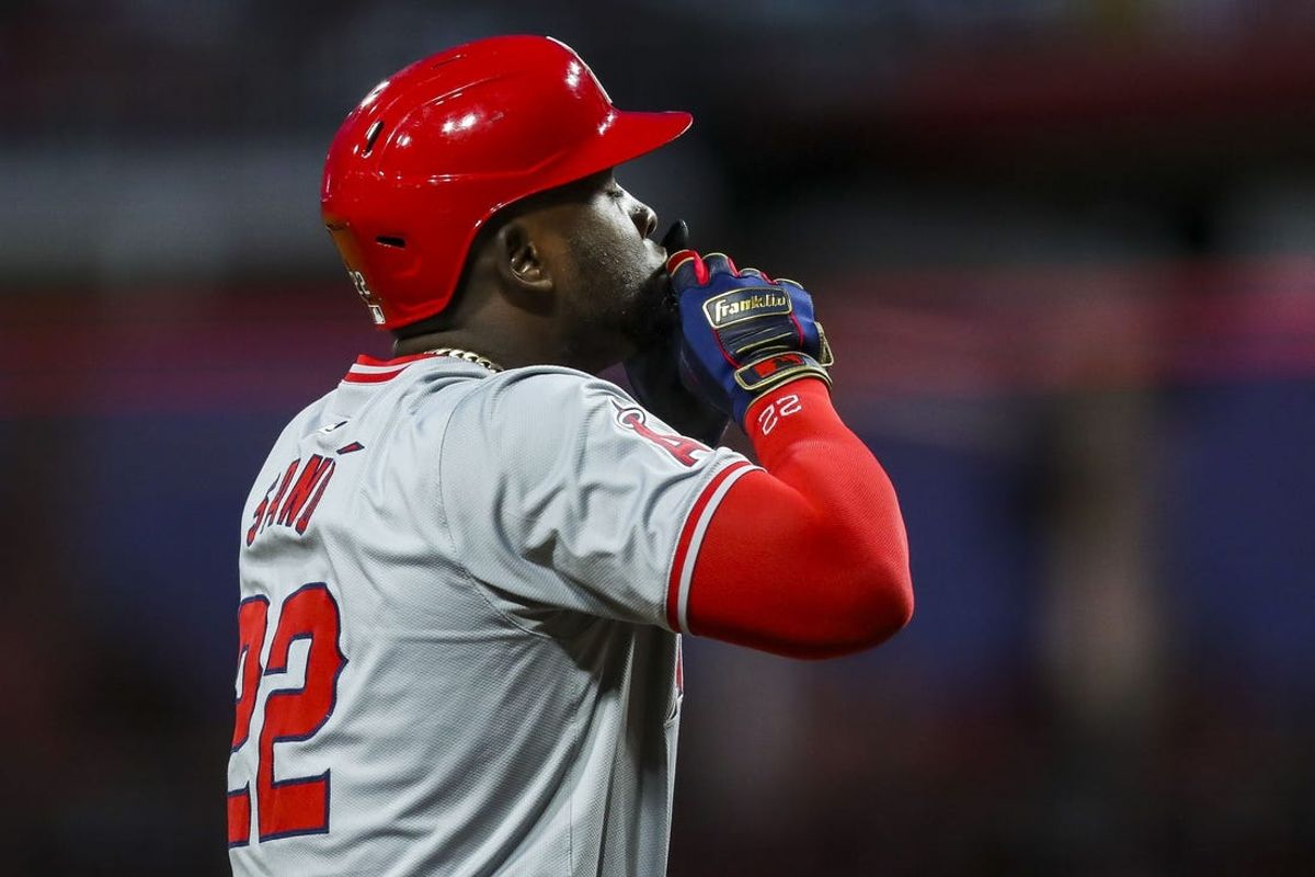 Apr 20, 2024; Cincinnati, Ohio, USA; Los Angeles Angels designated hitter Miguel Sano (22) reacts after hitting a two-run home run in the sixth inning against the Cincinnati Reds at Great American Ball Park. Mandatory Credit: Katie Stratman-USA TODAY Sports