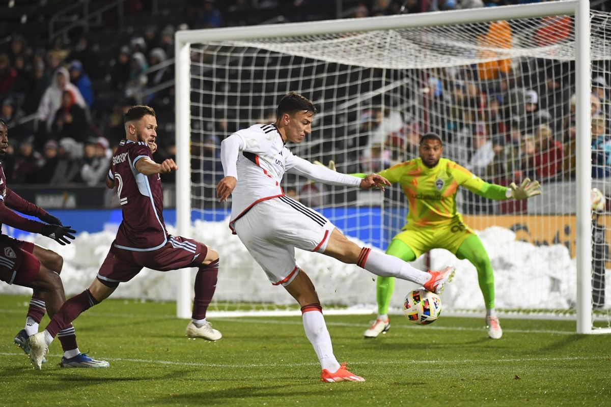 Apr 20, 2024; Commerce City, Colorado, USA; FC Dallas forward Petar Musa (9) scores a goal against the Colorado Rapids during the second half at Dick's Sporting Goods Park. Mandatory Credit: Christopher Hanewinckel-USA TODAY Sports