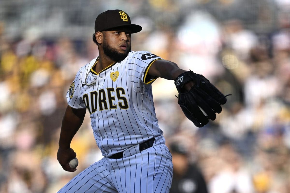 Apr 20, 2024; San Diego, California, USA; San Diego Padres starting pitcher Randy Vasquez (98) throws a pitch against the Toronto Blue Jays during the first inning at Petco Park. Mandatory Credit: Orlando Ramirez-USA TODAY Sports