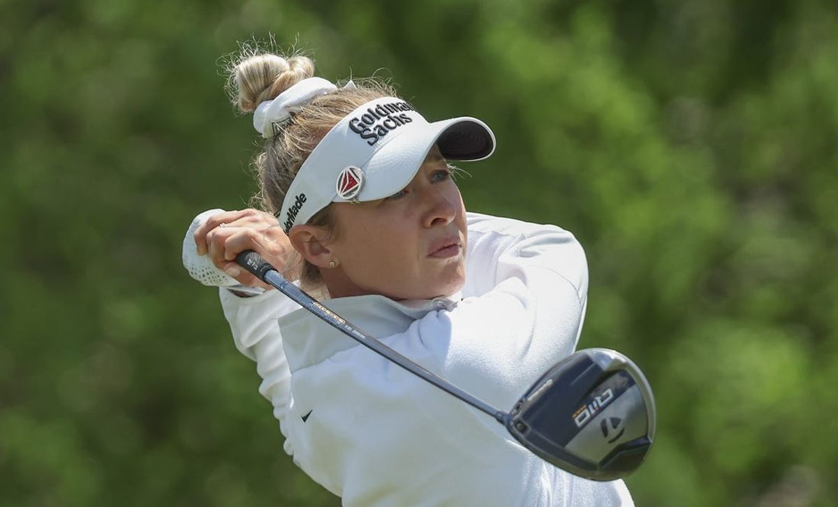 Apr 21, 2024; The Woodlands, Texas, USA; Nelly Korda (USA) drives off the eighth tee during the final round of The Chevron Championship golf tournament. Mandatory Credit: Thomas Shea-USA TODAY Sports