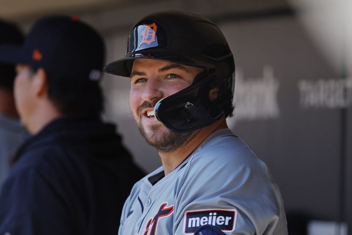 Apr 21, 2024; Minneapolis, Minnesota, USA; Detroit Tigers second baseman Buddy Kennedy (40) celebrates his RBI sacrifice fly against the Minnesota Twins in the first inning at Target Field. Mandatory Credit: Bruce Kluckhohn-USA TODAY Sports
