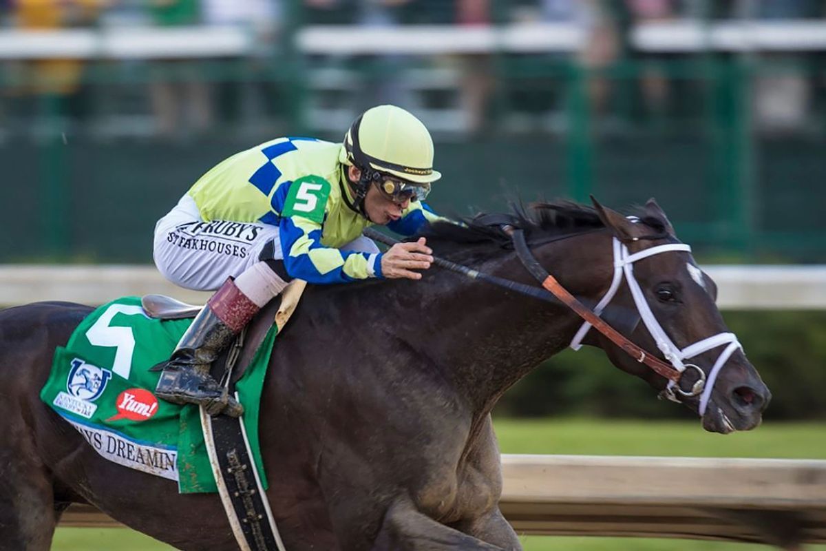 Jockey John Velazquez wins the Kentucky Derby aboard Always Dreaming in May 2017.