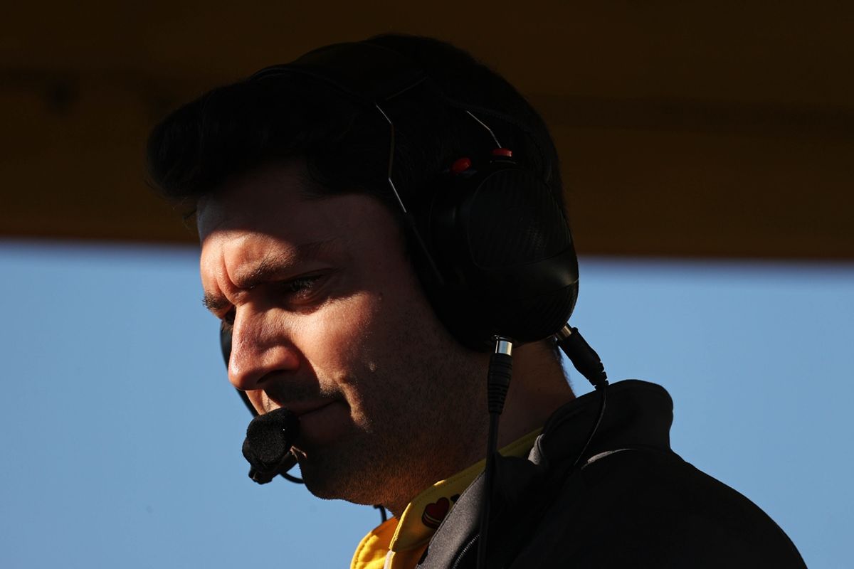Apr 21, 2024; Talladega, Alabama, USA; Travis Peterson, the new chief for NASCAR Cup Series driver Michael McDowell (not pictured) during the GEICO 500 at Talladega Superspeedway. Mandatory Credit: Peter Casey-USA TODAY Sports