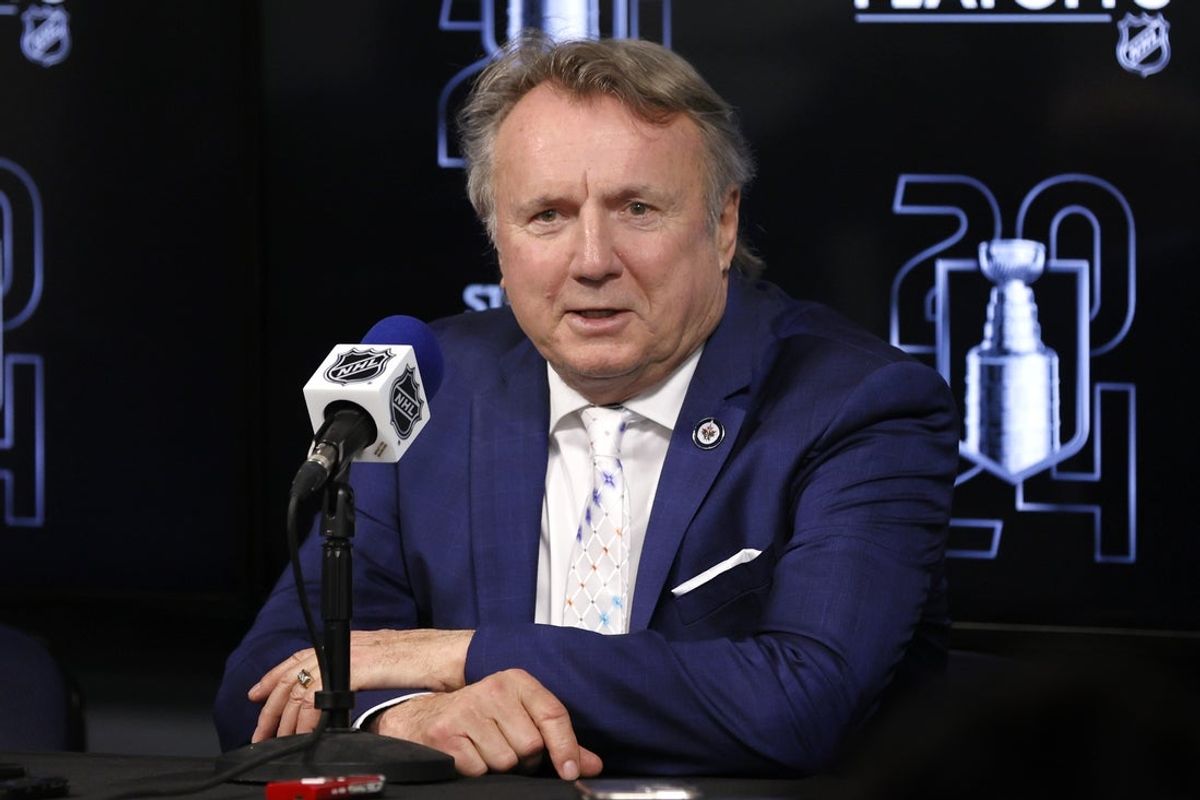 Apr 21, 2024; Winnipeg, Manitoba, CAN; Winnipeg Jets head coach Rick Bowness talks to the media after their victory over the Colorado Avalanche in game one of the first round of the 2024 Stanley Cup Playoffs at Canada Life Centre. Mandatory Credit: James Carey Lauder-Imagn Images