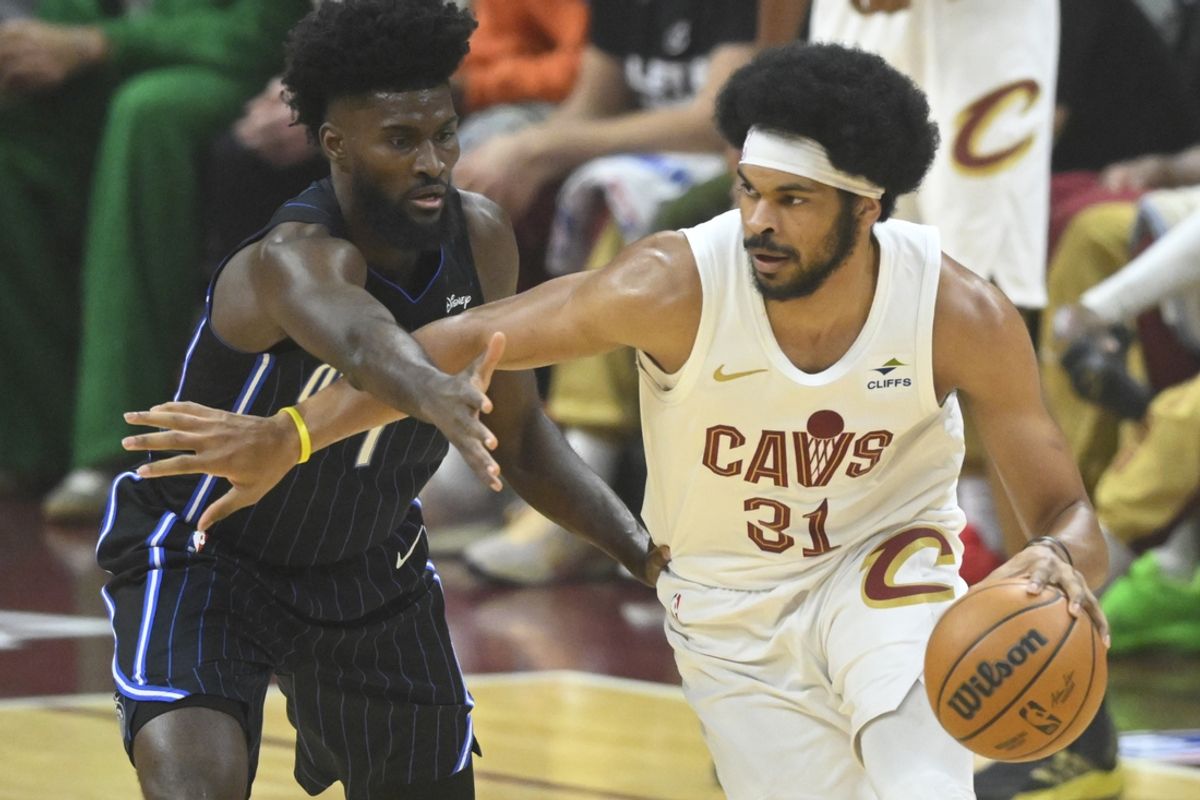 Apr 22, 2024; Cleveland, Ohio, USA; Orlando Magic forward Jonathan Isaac (1) defends Cleveland Cavaliers center Jarrett Allen (31) in the first quarter during game two of the first round of the 2024 NBA playoffs at Rocket Mortgage FieldHouse. Mandatory Credit: David Richard-USA TODAY Sports