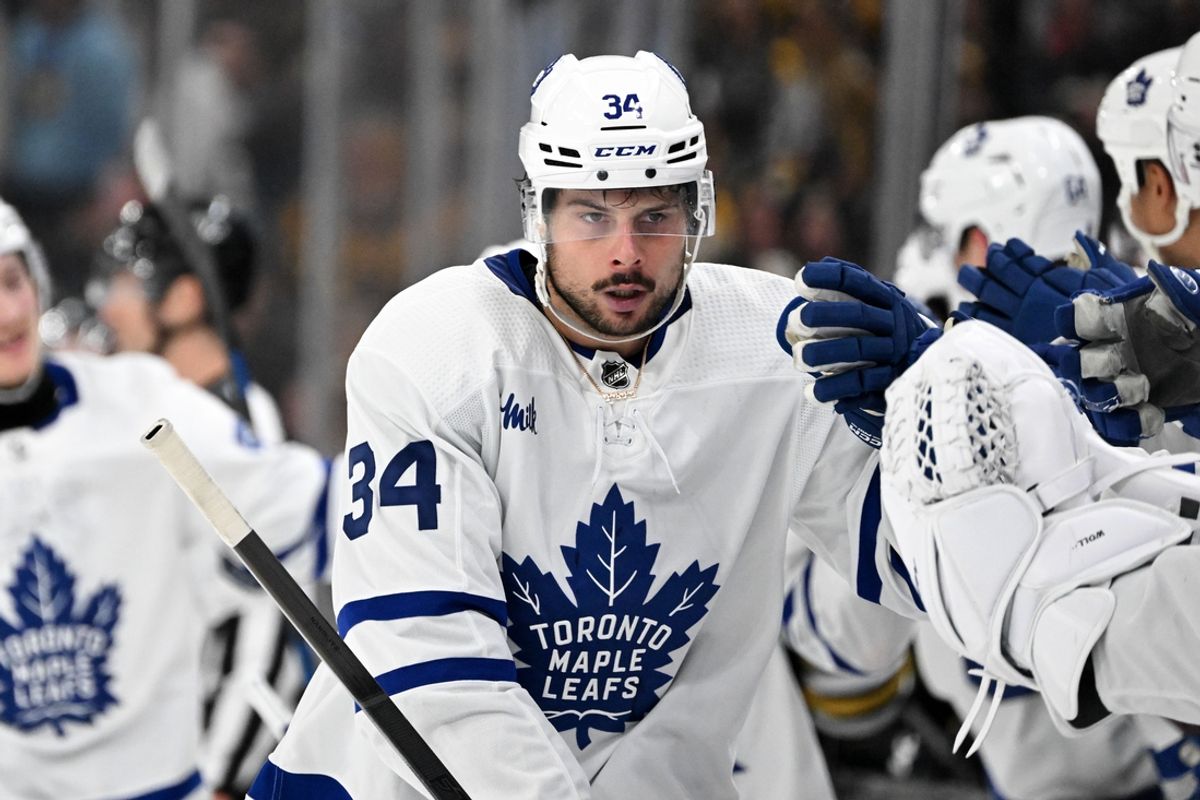 Apr 22, 2024; Boston, Massachusetts, USA; Toronto Maple Leafs center Auston Matthews (34) celebrates with his teammates after scoring a goal against the Boston Bruins during the third period in game two of the first round of the 2024 Stanley Cup Playoffs at TD Garden. Mandatory Credit: Brian Fluharty-USA TODAY Sports