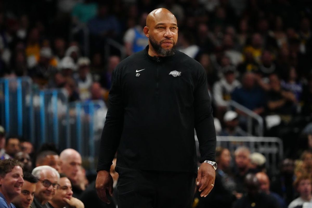 Apr 22, 2024; Denver, Colorado, USA; Los Angeles Lakers head coach Darvin Ham in the first quarter against the Los Angeles Lakers during game two of the 2024 NBA playoffs at Ball Arena. Mandatory Credit: Ron Chenoy-USA TODAY Sports
