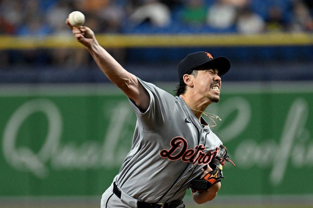Apr 23, 2024; St. Petersburg, Florida, USA; Detroit Tigers starting pitcher Kenta Maeda (18) throws a pitch in the first inning against the Tampa Bay Rays  at Tropicana Field. Mandatory Credit: Jonathan Dyer-USA TODAY Sports