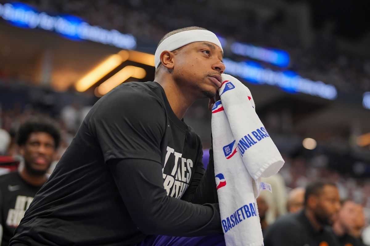 Apr 23, 2024; Minneapolis, Minnesota, USA; Phoenix Suns guard Isaiah Thomas (4) watches the game against the Minnesota Timberwolves in the second quarter during game two of the first round for the 2024 NBA playoffs at Target Center. Mandatory Credit: Brad Rempel-Imagn Images