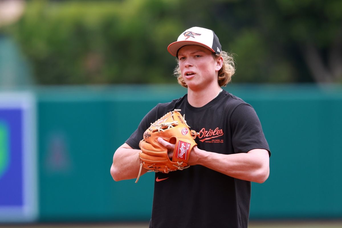 Apr 24, 2024; Anaheim, California, USA;  Baltimore Orioles second base Jackson Holliday (7) takes the field before the game against the Los Angeles Angels at Angel Stadium. Mandatory Credit: Kiyoshi Mio-USA TODAY Sports