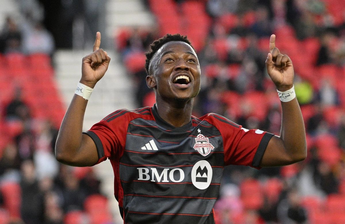 Apr 24, 2024; Toronto, Ontario, CAN; Toronto FC forward Cassius Mailula (12) celebrates after scoring a goal against Simcoe County Rovers in the first half at BMO Field. Mandatory Credit: Dan Hamilton-USA TODAY Sports