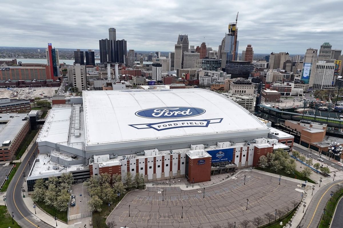 Apr 24, 2024; Detroit, MI, USA; A general overall aerial view of Ford Field. The stadium is the home of the Detroit Lions. Mandatory Credit: Kirby Lee-Imagn Images