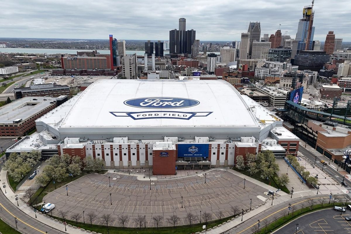 Apr 24, 2024; Detroit, MI, USA; A general overall aerial view of Ford Field. The stadium is the home of the Detroit Lions. Mandatory Credit: Kirby Lee-Imagn Images