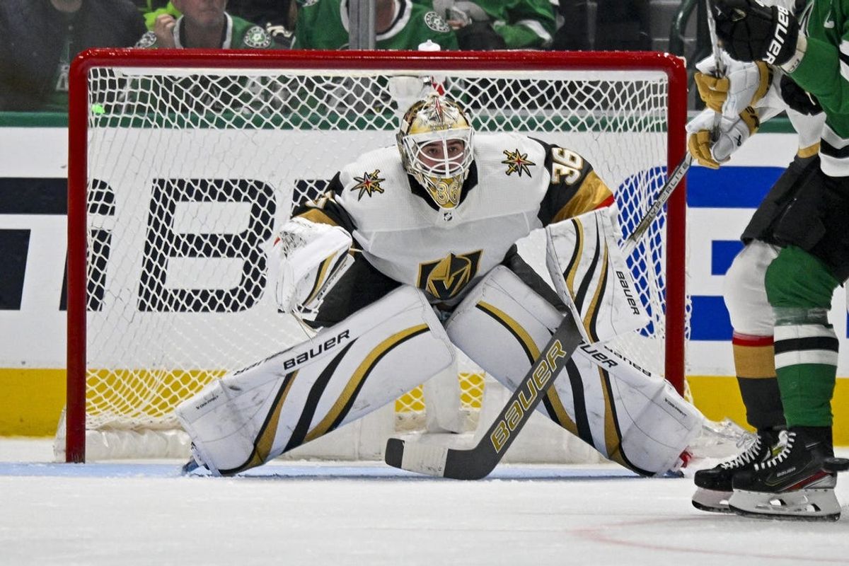 Apr 24, 2024; Dallas, Texas, USA; Vegas Golden Knights goaltender Logan Thompson (36) faces the Dallas Stars attack during the third period in game two of the first round of the 2024 Stanley Cup Playoffs at American Airlines Center. Mandatory Credit: Jerome Miron-USA TODAY Sports