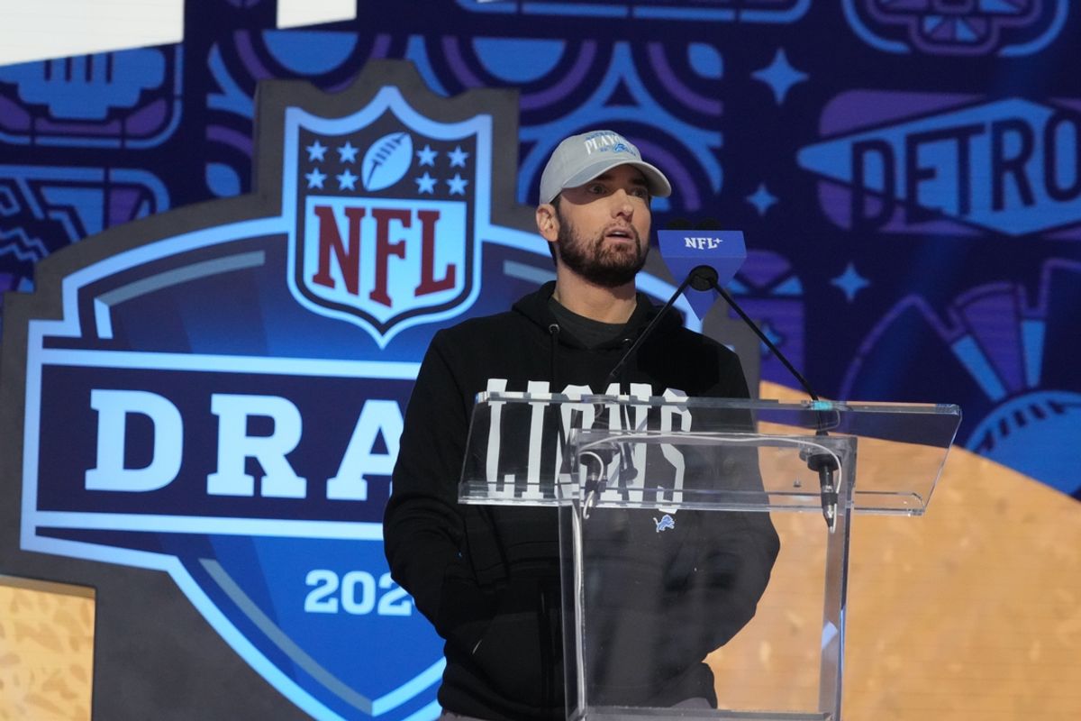 Apr 25, 2024; Detroit, MI, USA; Eminem addresses the crowd during the 2024 NFL Draft at Campus Martius Park and Hart Plaza. Mandatory Credit: Kirby Lee-Imagn Images