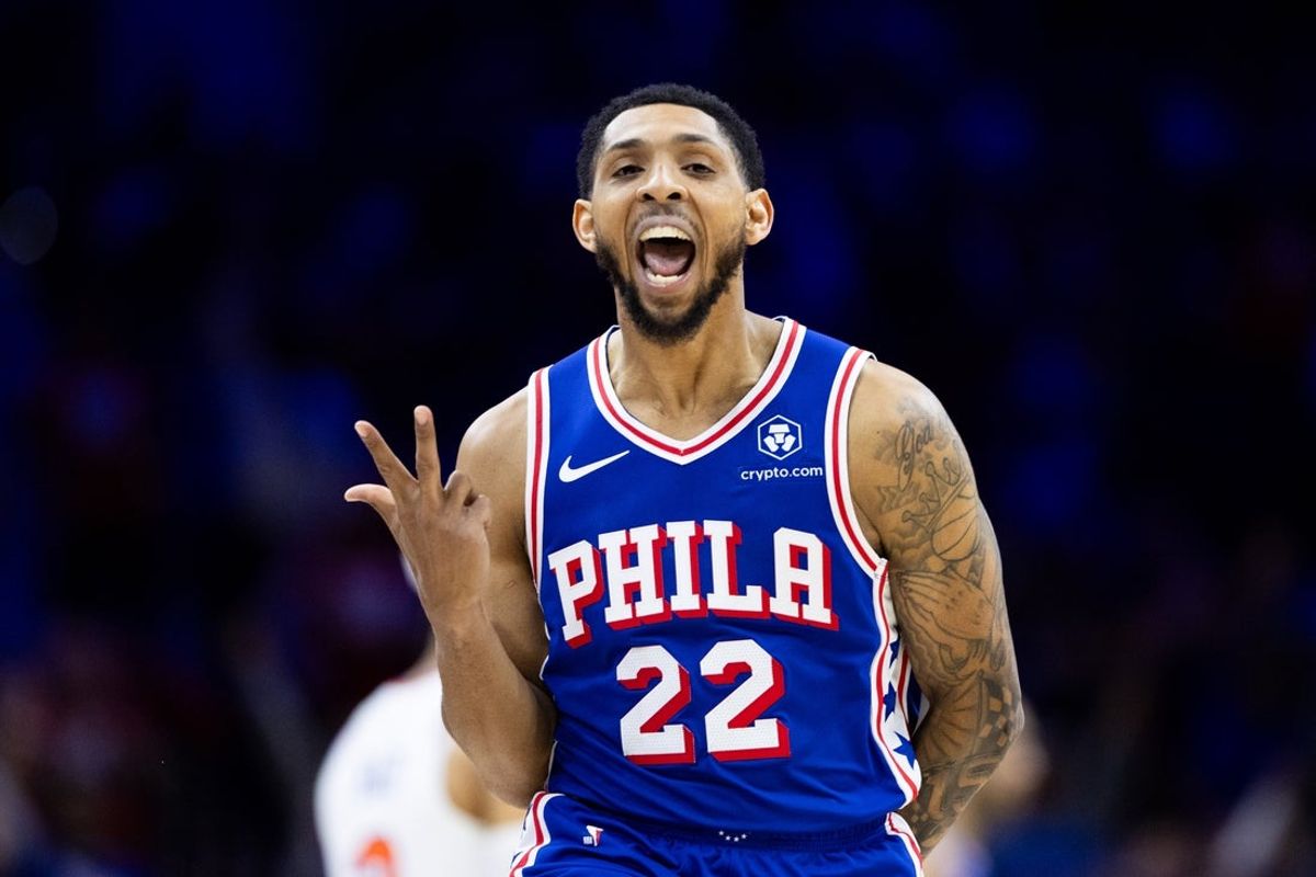 Apr 25, 2024; Philadelphia, Pennsylvania, USA; Philadelphia 76ers guard Cameron Payne (22) reacts to his three pointer against the New York Knicks during the second quarter of game three of the first round for the 2024 NBA playoffs at Wells Fargo Center. Mandatory Credit: Bill Streicher-Imagn Images