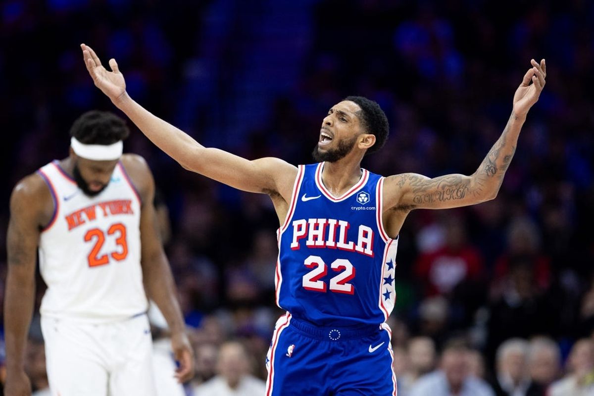 Apr 25, 2024; Philadelphia, Pennsylvania, USA; Philadelphia 76ers guard Cameron Payne (22) reacts after a score against the New York Knicks during the second quarter of game three of the first round for the 2024 NBA playoffs at Wells Fargo Center. Mandatory Credit: Bill Streicher-USA TODAY Sports