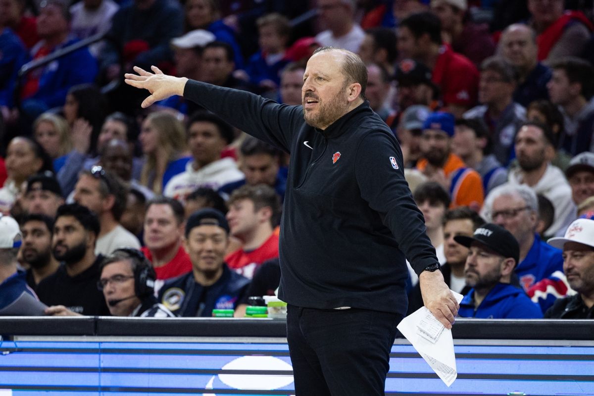 Apr 25, 2024; Philadelphia, Pennsylvania, USA; New York Knicks head coach Tom Thibodeau reacts during the second half against the Philadelphia 76ers in game three of the first round for the 2024 NBA playoffs at Wells Fargo Center. Mandatory Credit: Bill Streicher-USA TODAY Sports